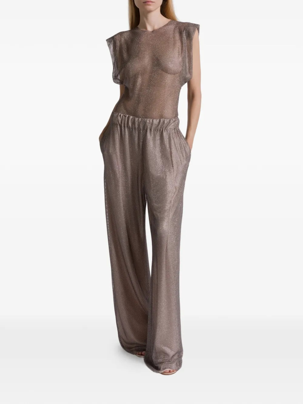 Wide-Leg Pants with Elastic Waistband and Sheer Fabric