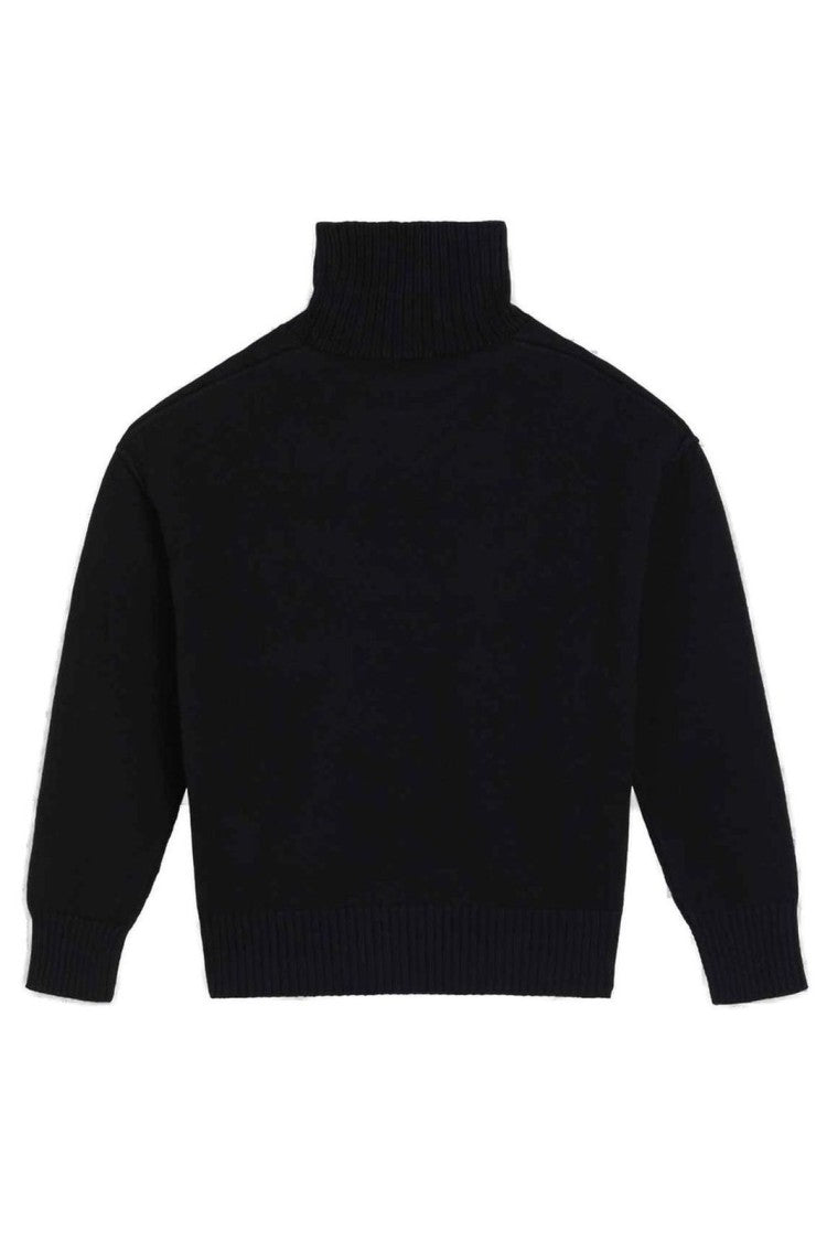 Ribbed Black Wool Turtleneck Sweater with Heart Logo