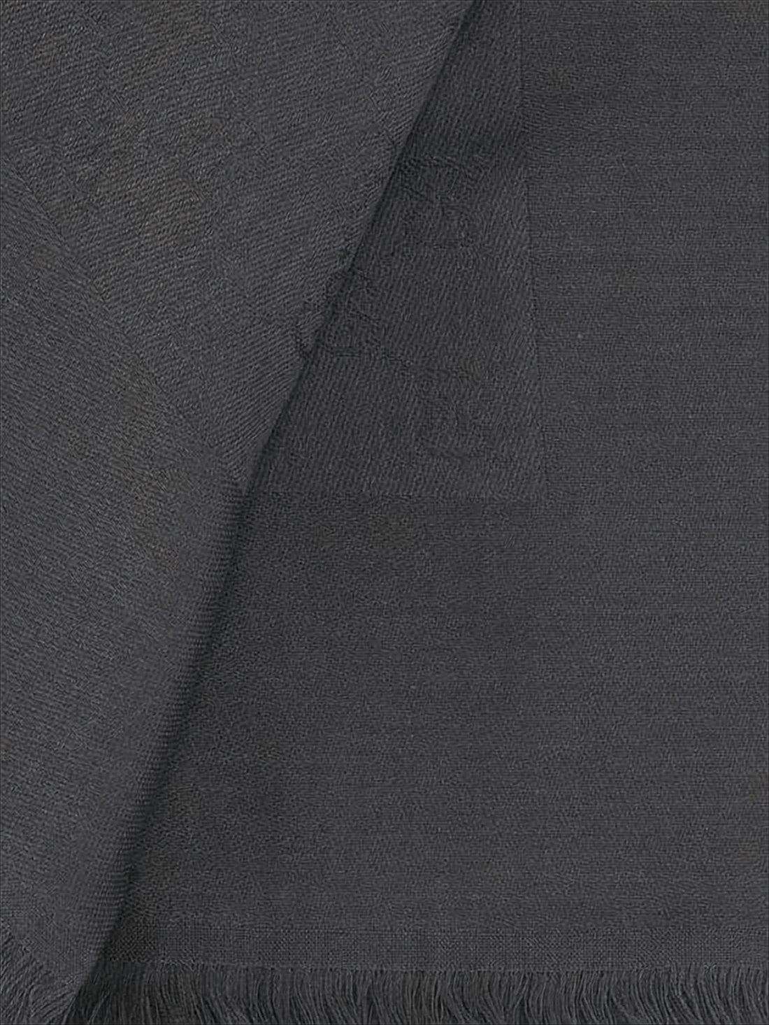 Textured Black Wool-Silk Scarf with Fringed Edges