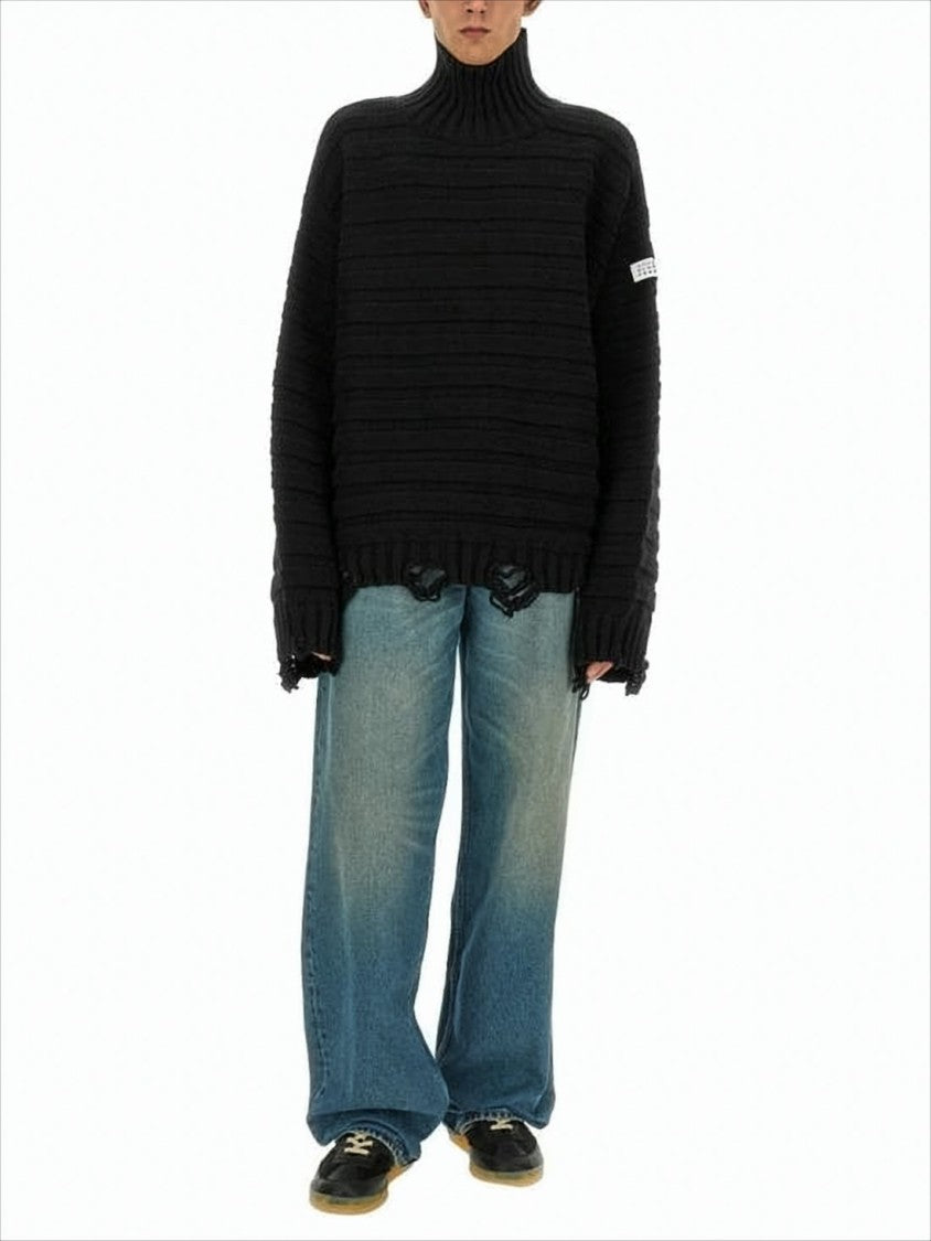 Oversized Black Ribbed Knit Turtleneck Sweater