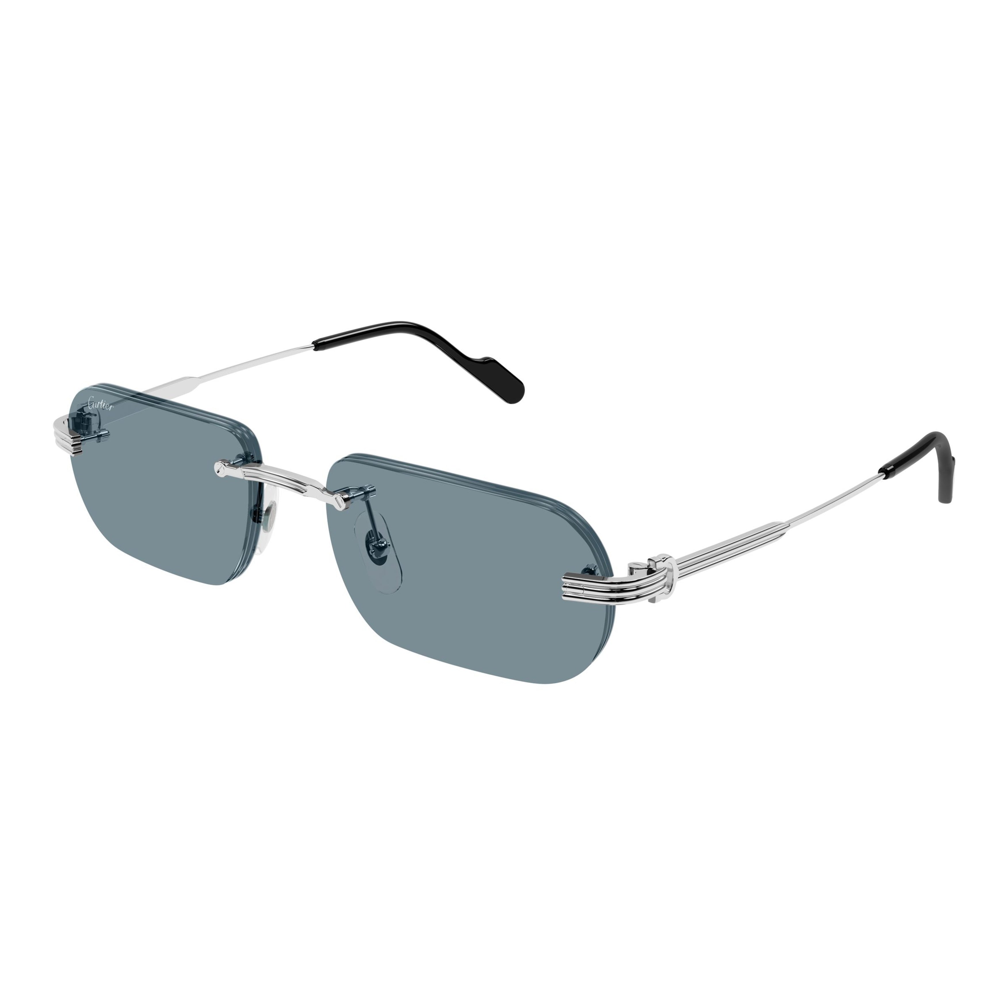 Rectangular Rimless Sunglasses With Ribbed Silver Temples