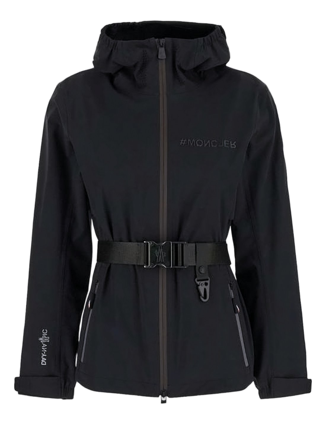 Hooded Black Jacket with Front Zipper and Adjustable Belt