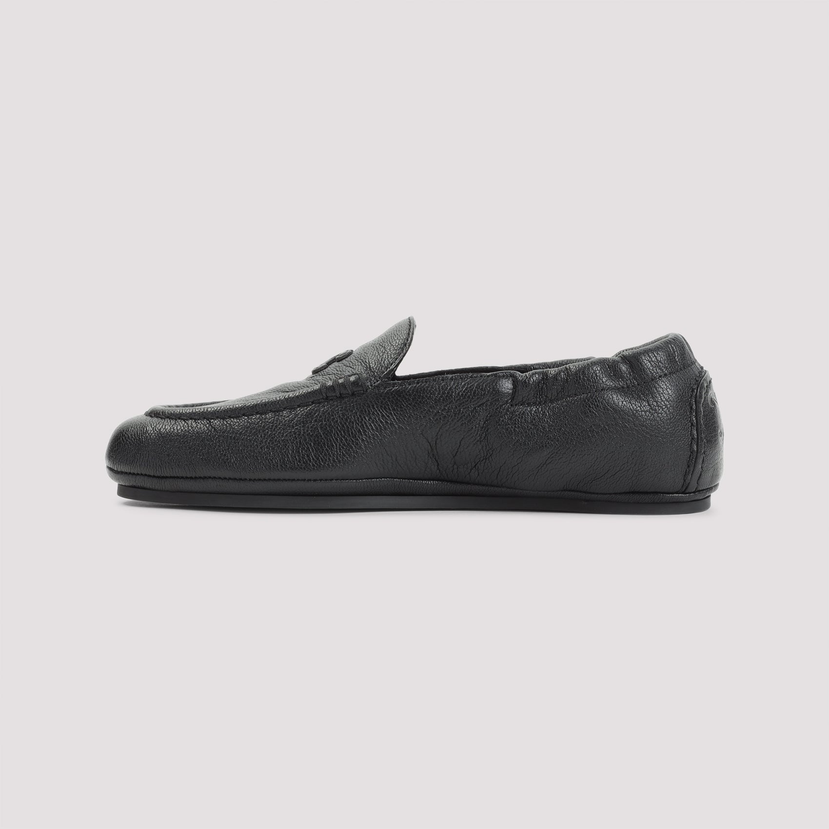 Textured Leather Black Loafers with Embossed Logo