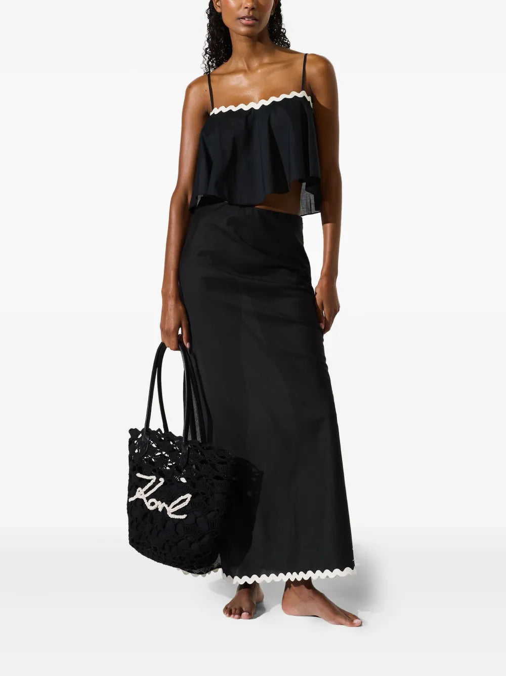 Intricate Openwork Crochet Tote Bag with Logo Detail