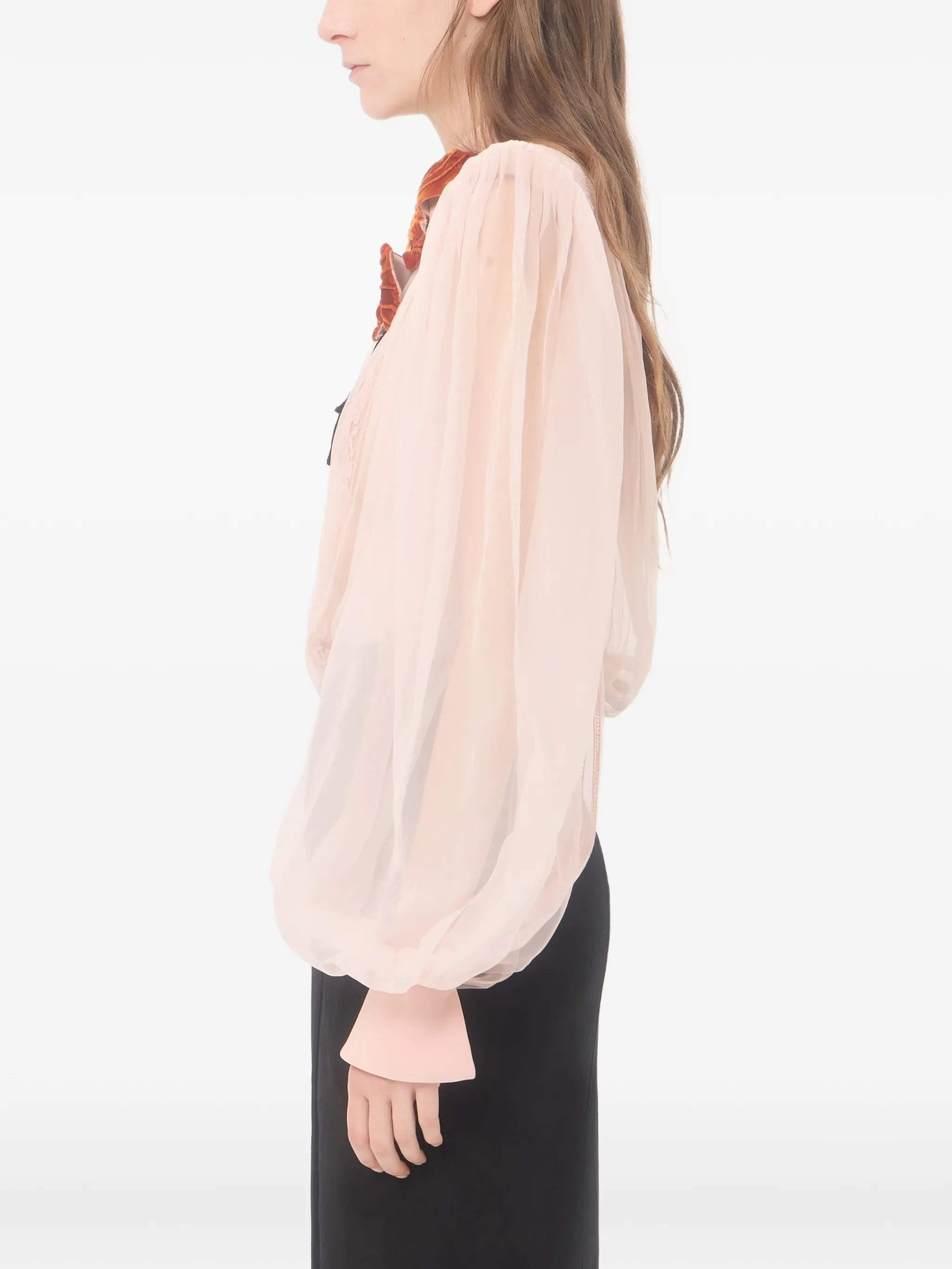 Neutral Sheer Velvet Floral Applique Blouse