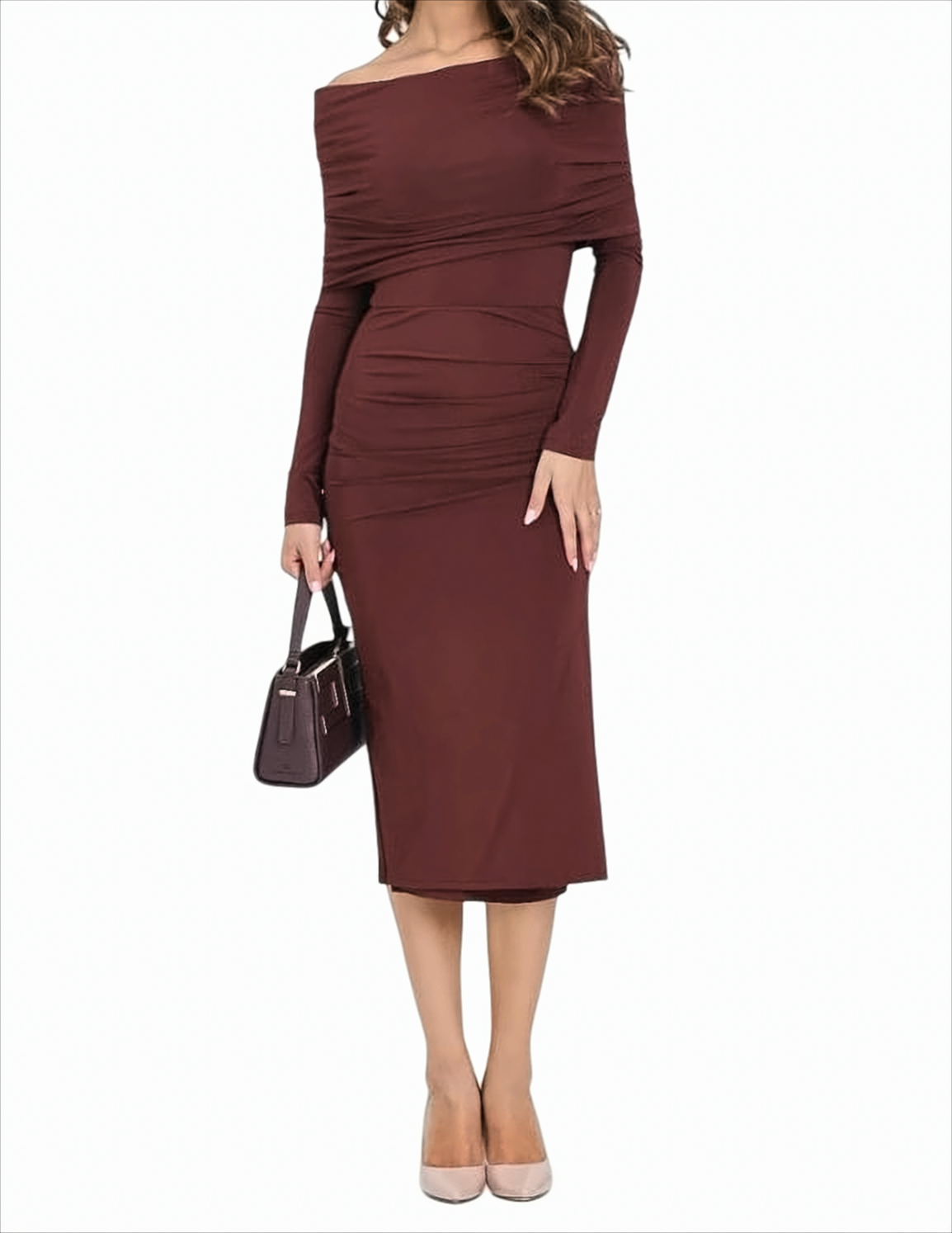 Burgundy Jersey Midi Dress With Asymmetrical Gathering