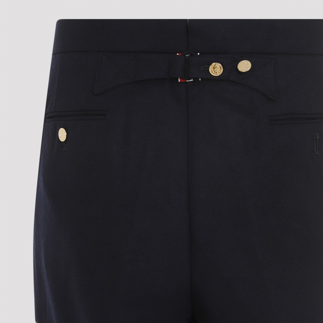 Low Rise Drop Crotch Backstrap Navy Blue Wool Trousers