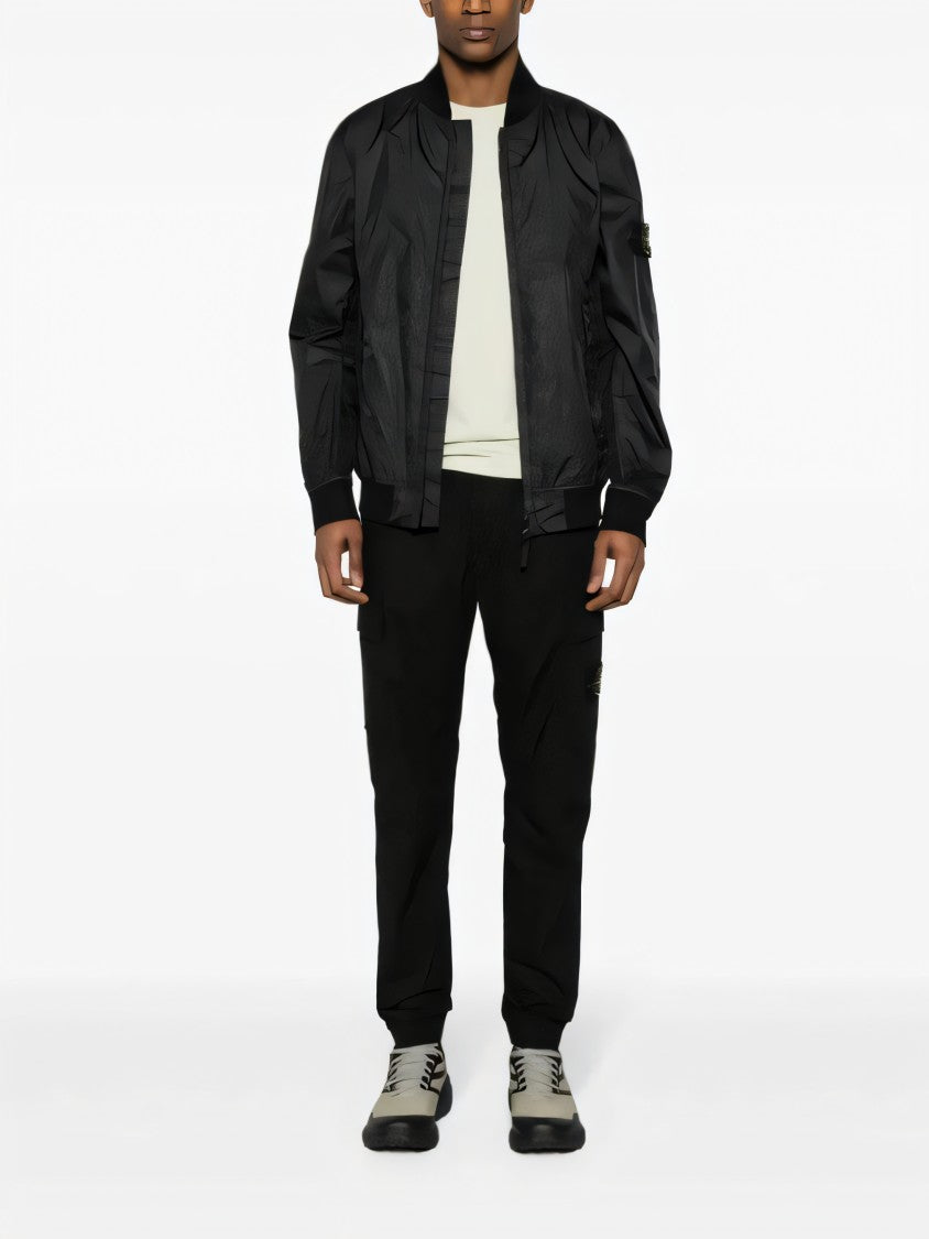 Black Leather Jacket With Zip Front And Logo Patch