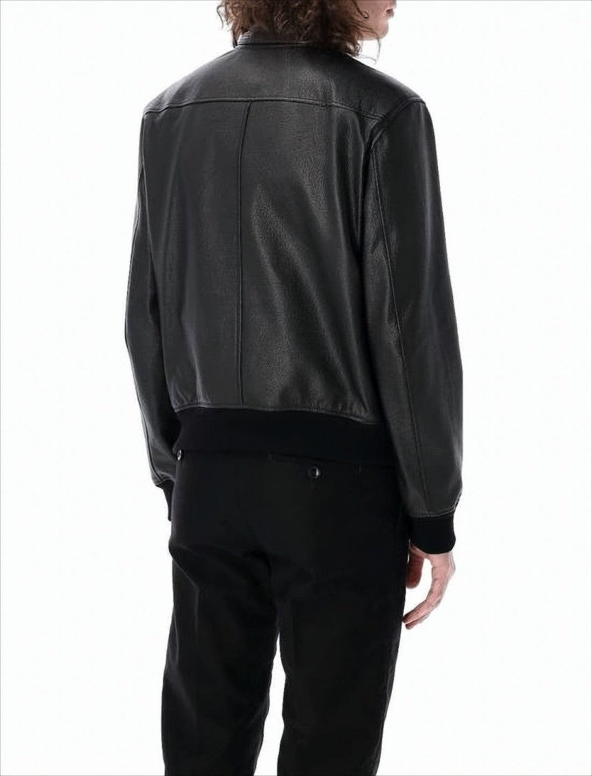 Black Leather Jacket with Ribbed Cuffs