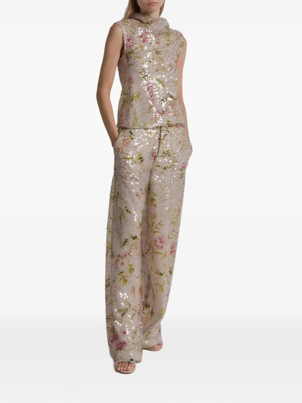 High-Waisted Wide-Leg Pants with Floral Sequin Embellishments