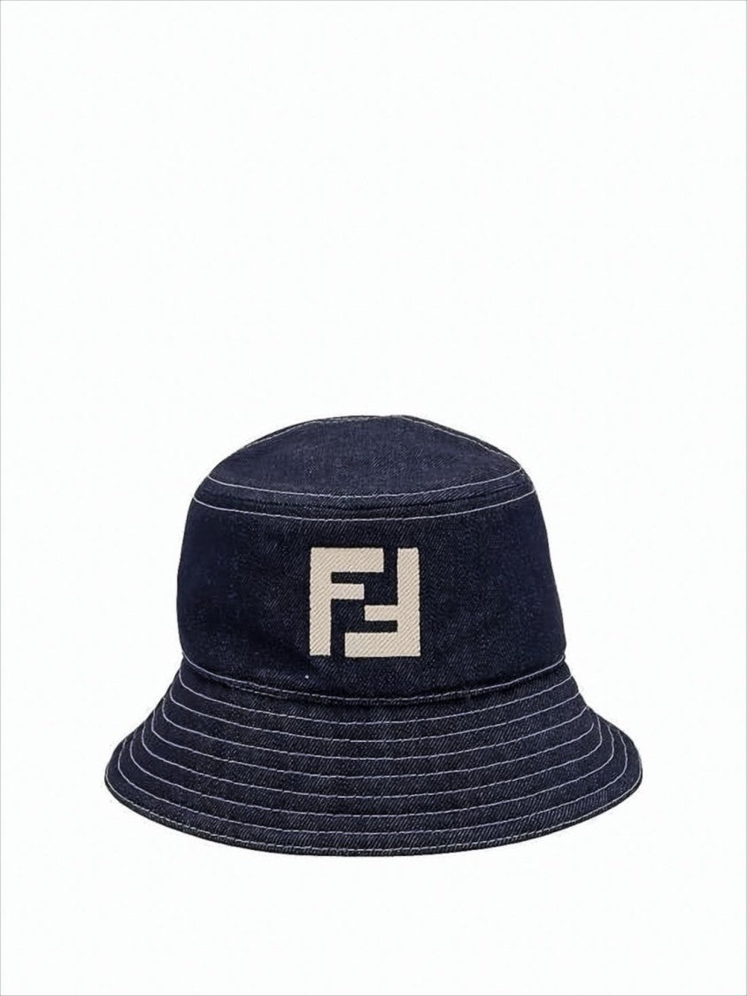 Navy Cotton Bucket Hat with Geometric Logo Embroidery