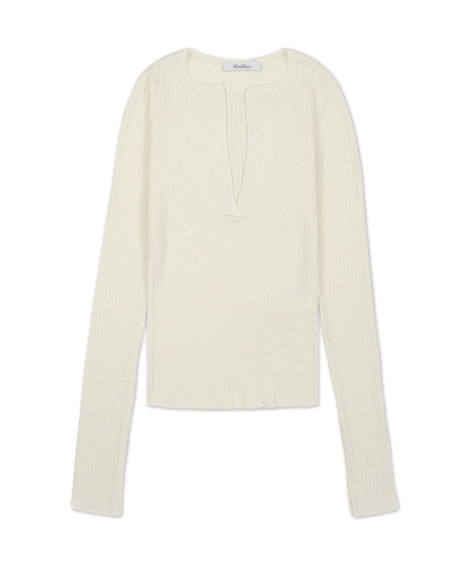 Ribbed Silk-Cashmere Blend Sweater with Notch Neckline