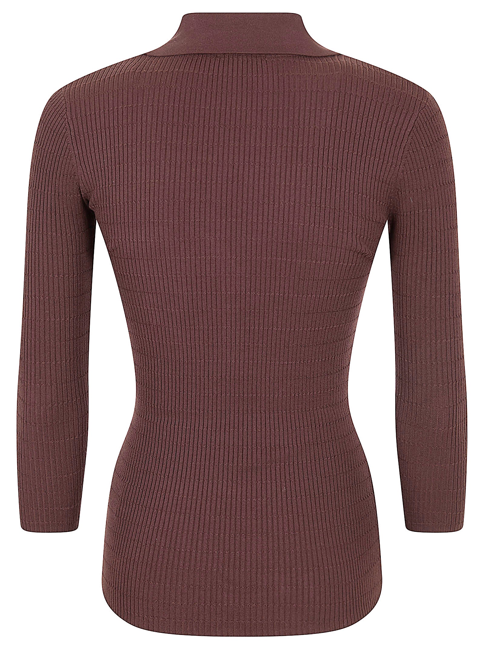 Ribbed Knit Sweater With Deep V-Neck And Gold Accents