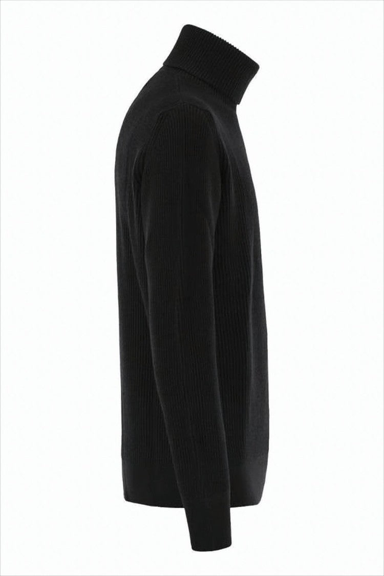 Ribbed Black Wool Turtleneck Sweater