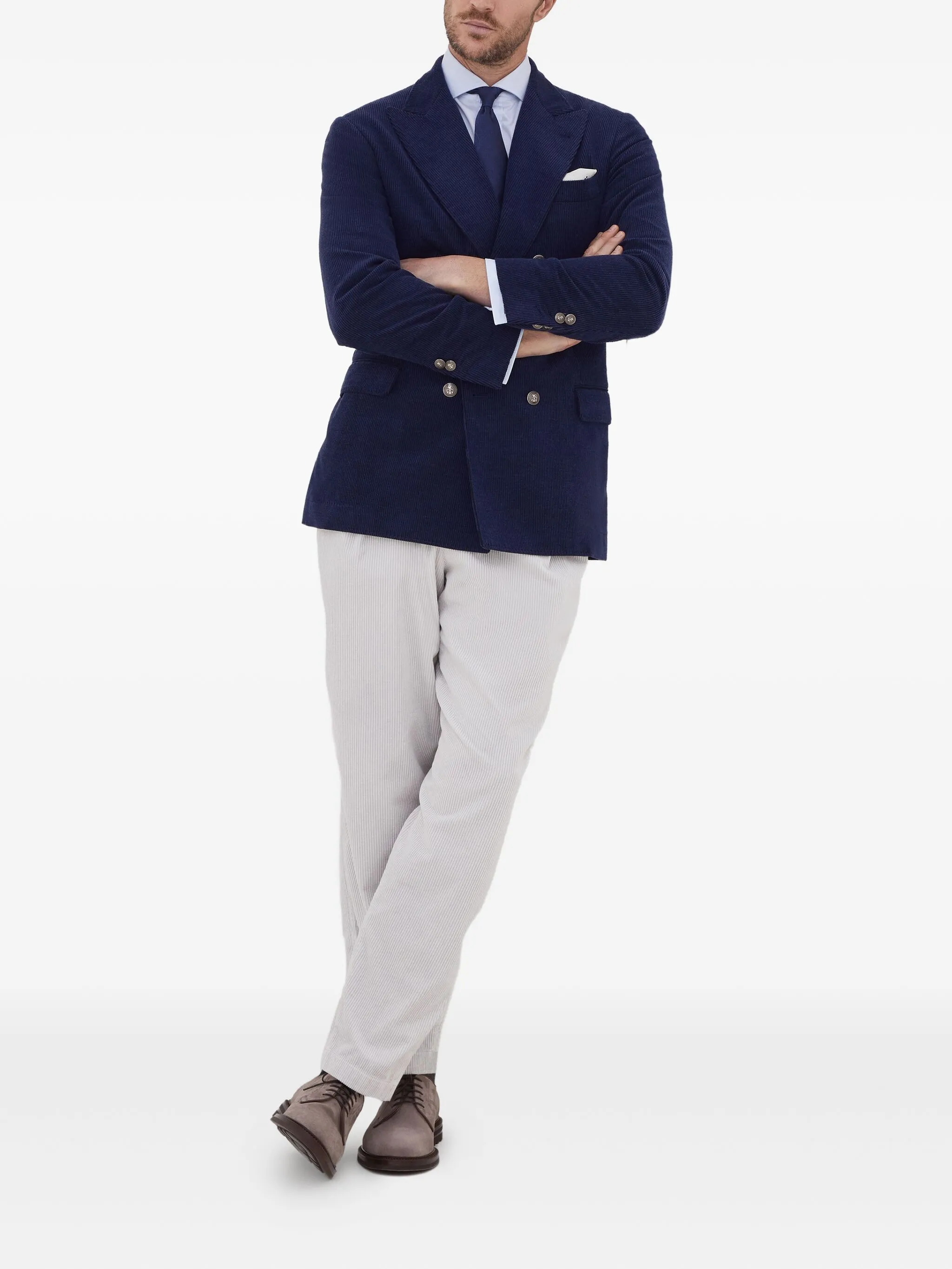 Double-Breasted Navy Blue Corduroy Blazer