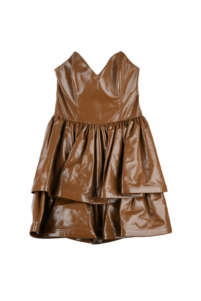 Short Faux Leather Dress Heart Neckline - Caramel