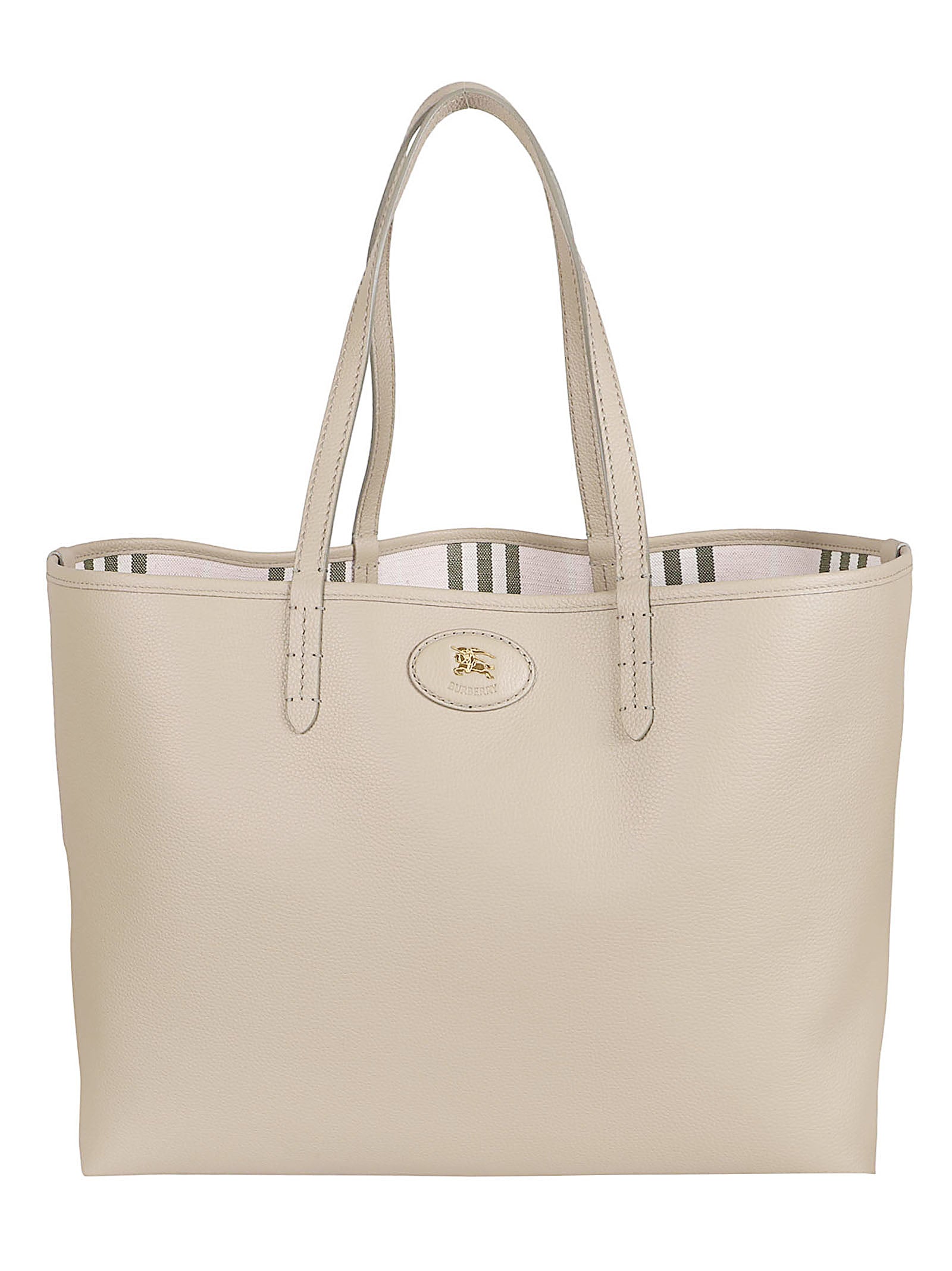 Calf Grain Leather Tote Bag with Striped Interior