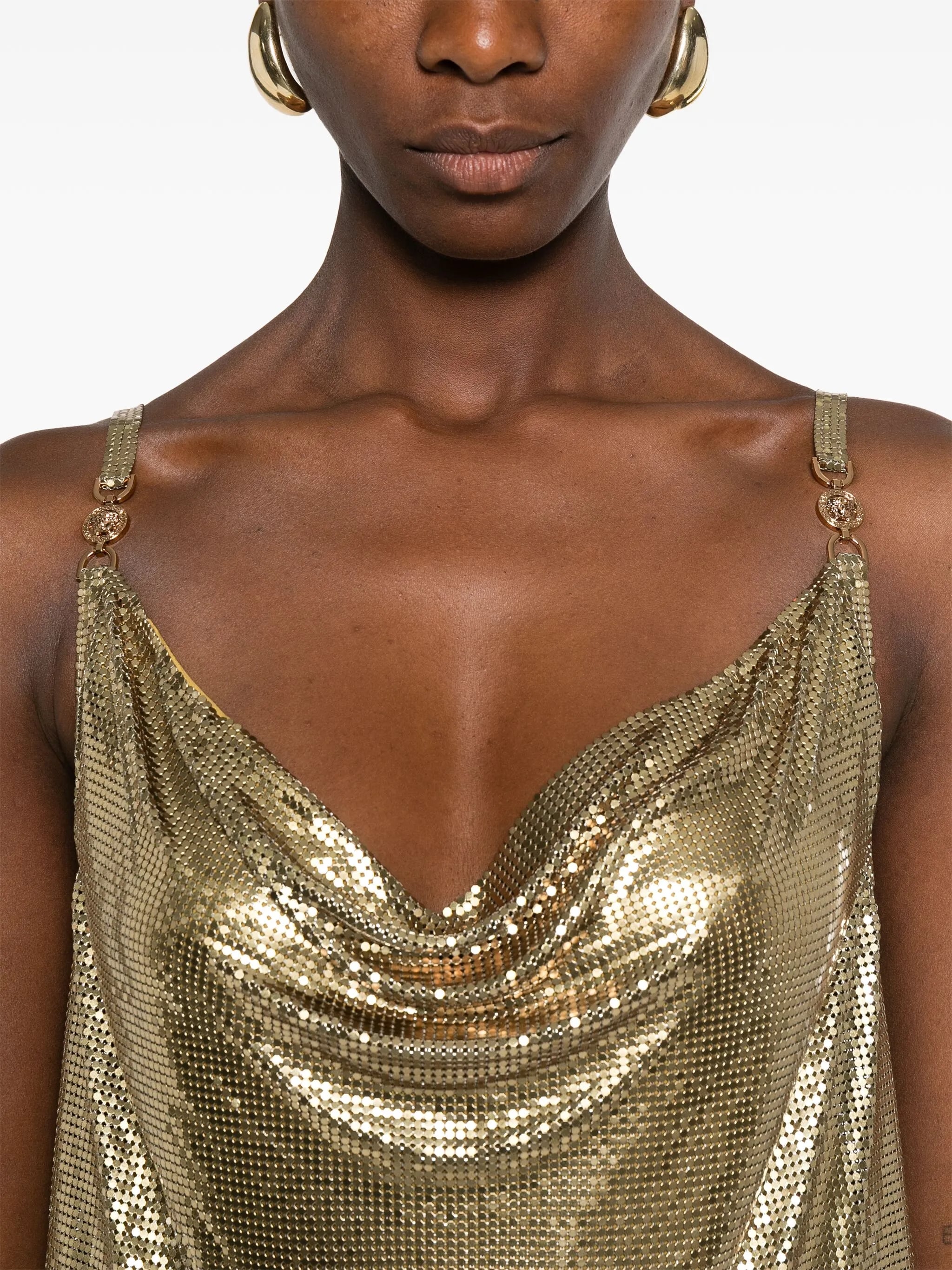 Metallic Mesh Mini Dress with Draped Neckline