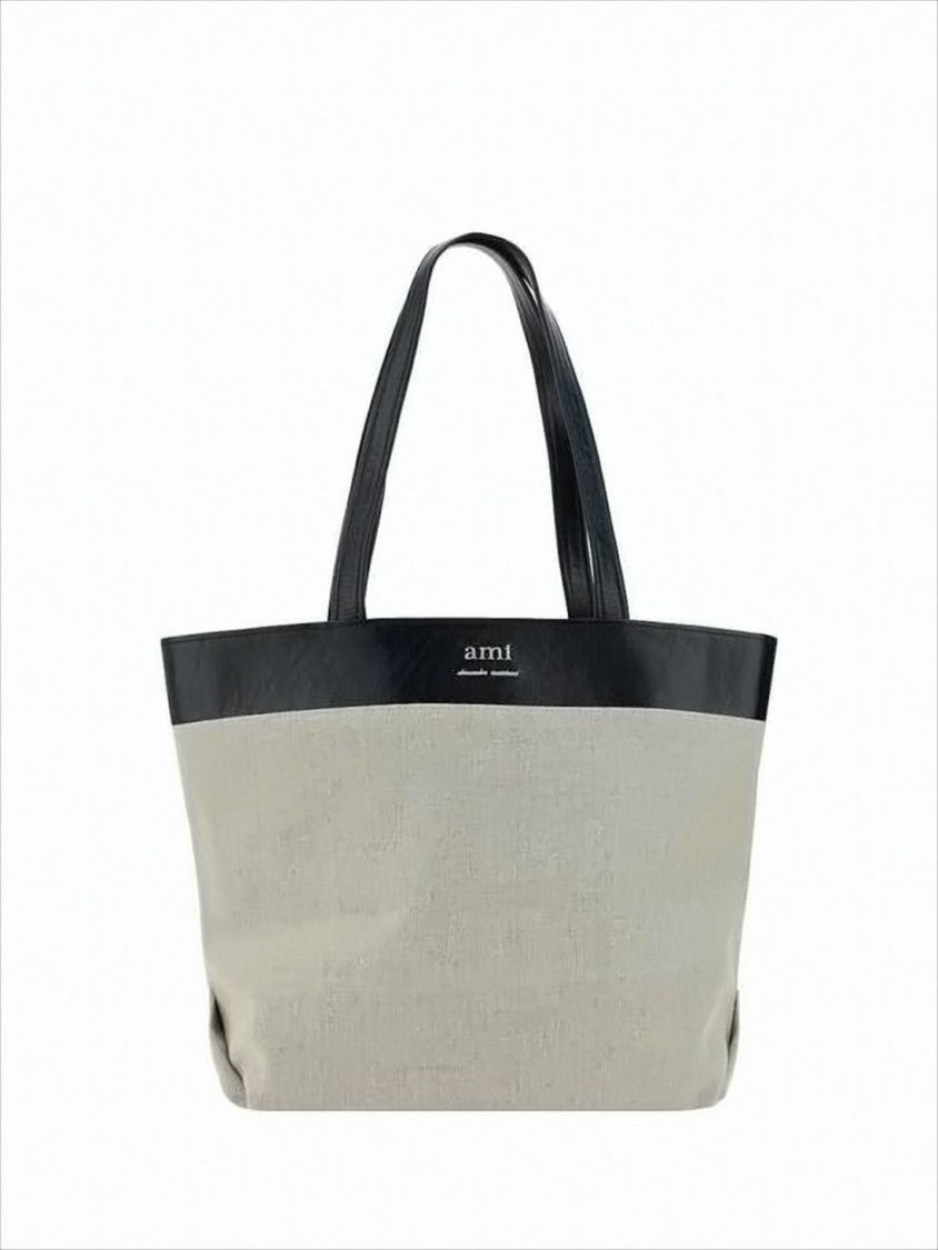 Beige Canvas Tote Bag With Black Leather Trim