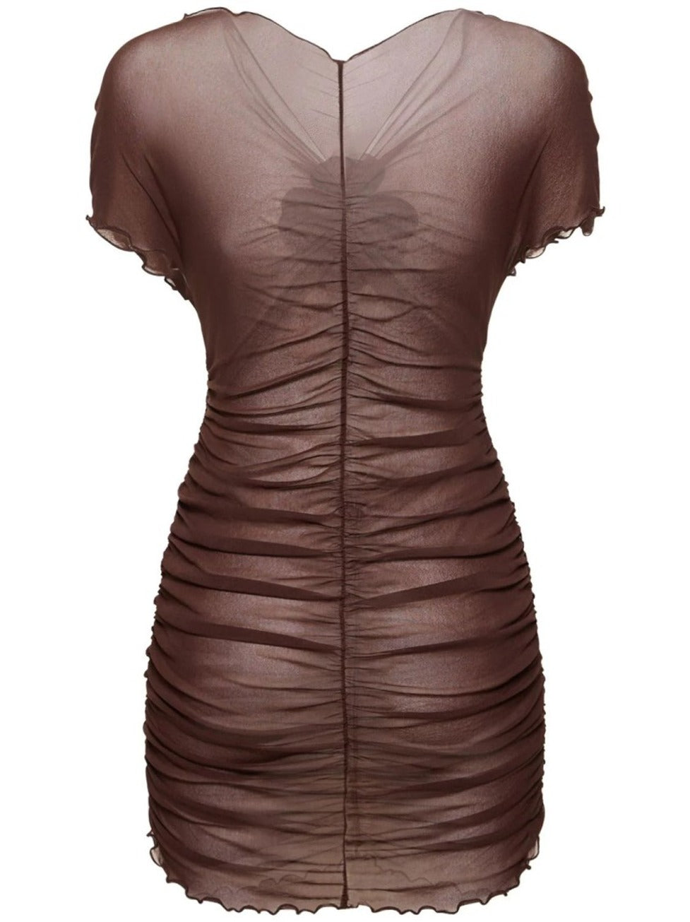 Ruched Mini Dress With Floral Detail And Sheer Overlay