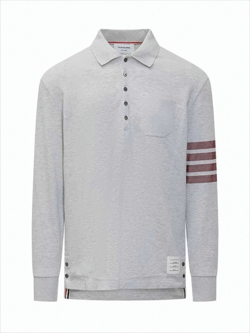 Textured Light Grey Long-Sleeve Polo Shirt with Striped Detailing
