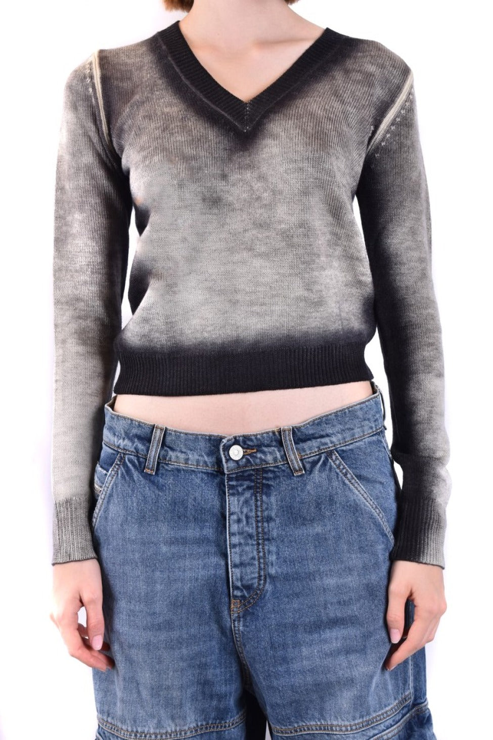 Wool V-Neck Sweater With Textured Finish And Contrast Detailing