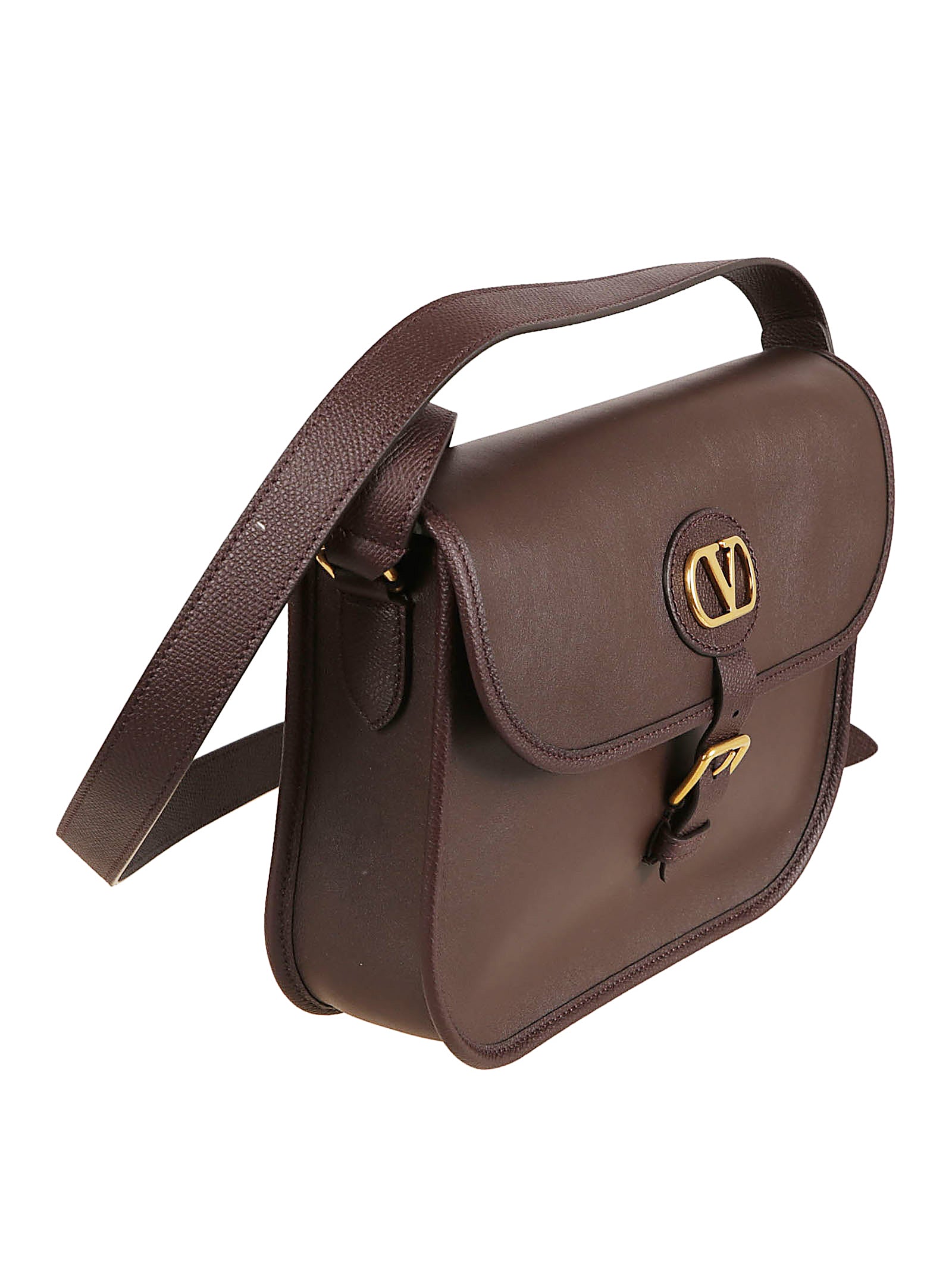 Structured Brown Calf Leather Crossbody Bag with VLogo Detail