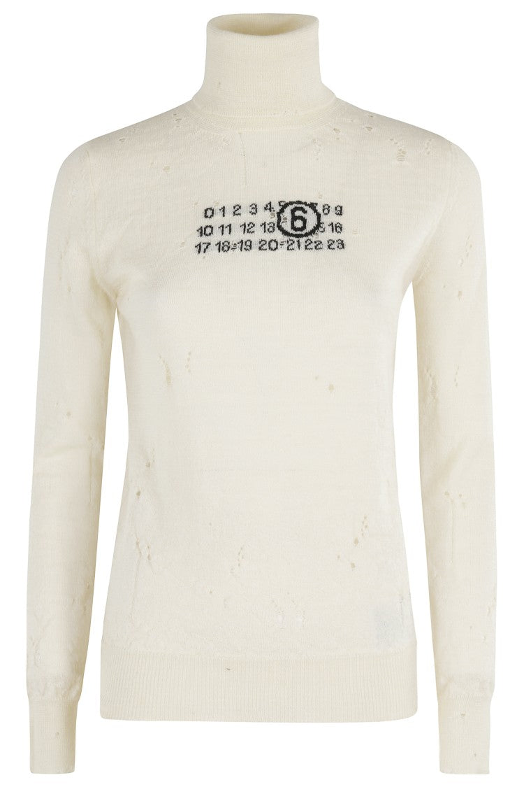 High-Neck Cream Wool Pullover With Numeric Logo