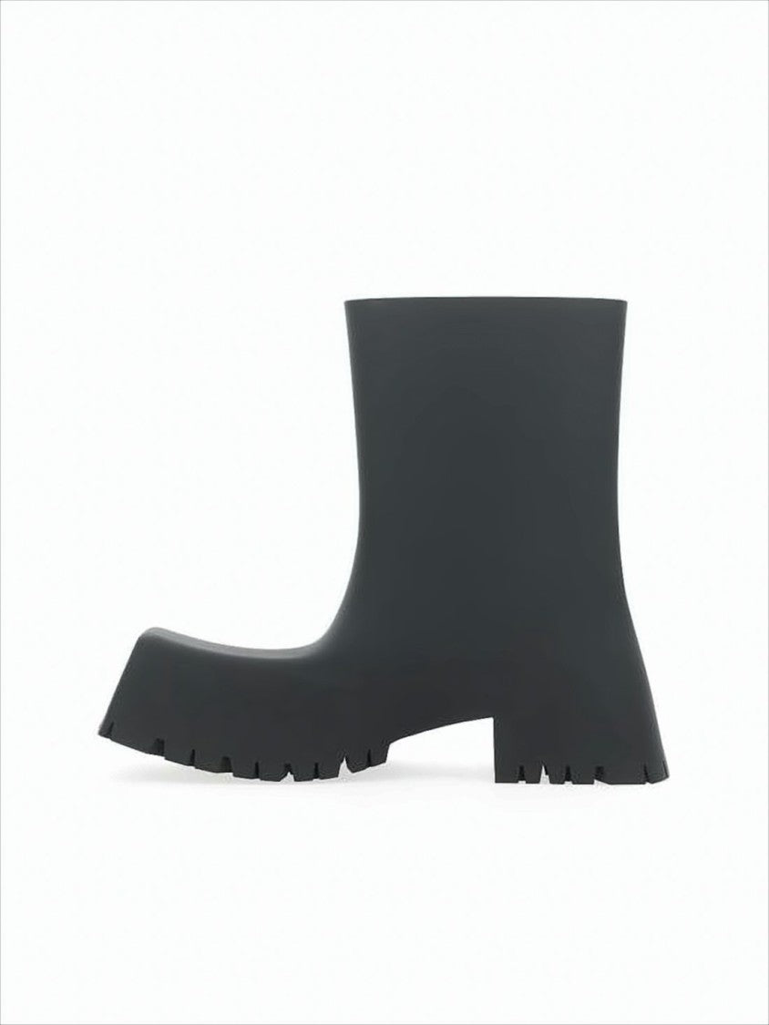 Chunky Sculptural Black Rubber Boots with Flared Heel