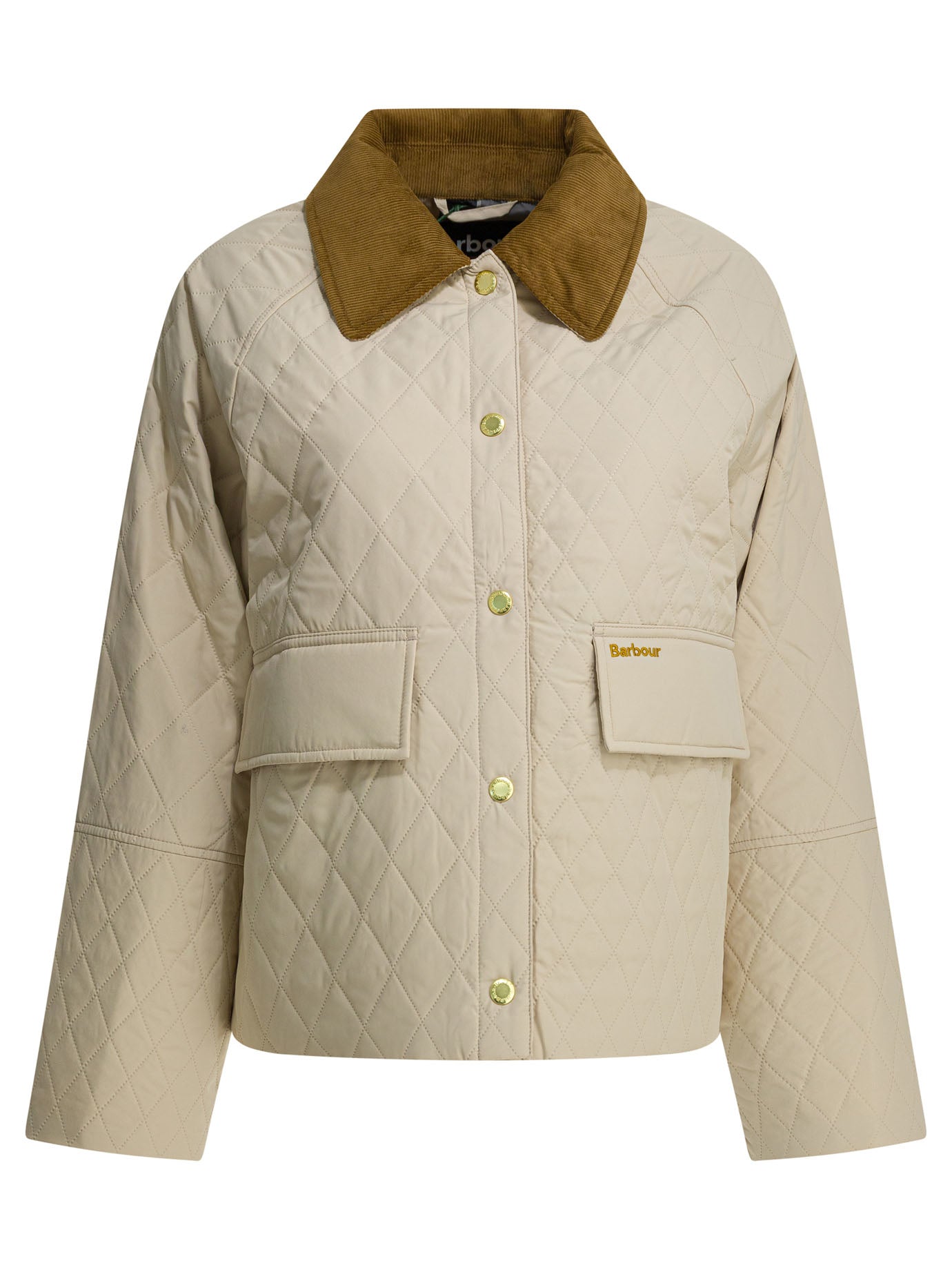 Beige Quilted Jacket With Corduroy Collar And Diamond Pattern