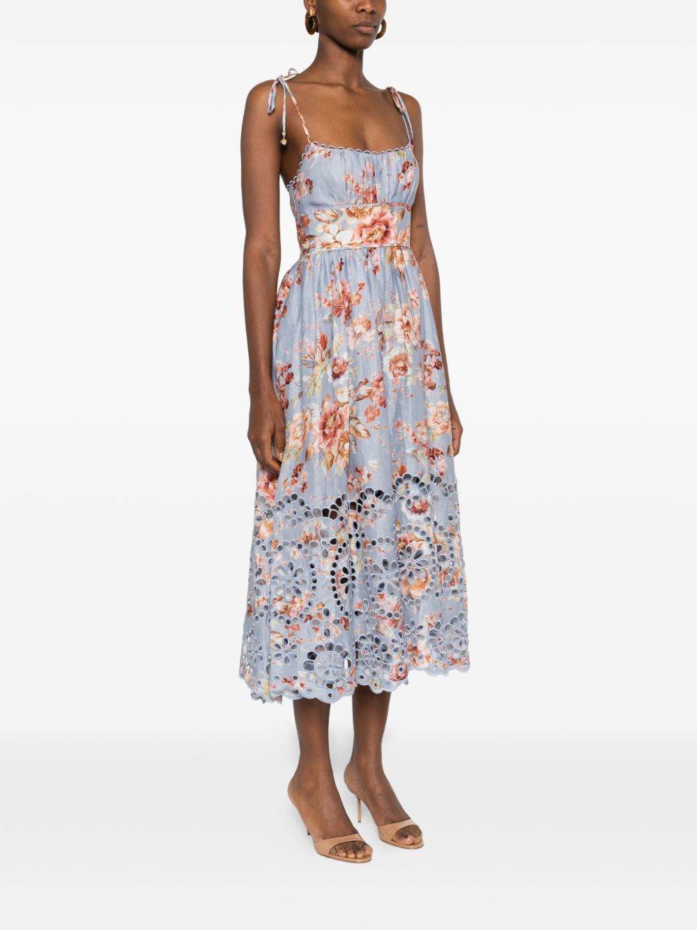 Floral Print Midi Dress With Scalloped Bodice