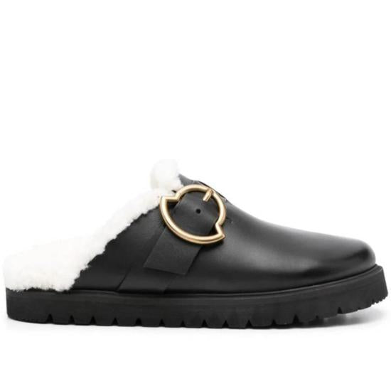 Black Leather Slip-On Mules with Plush Shearling Lining