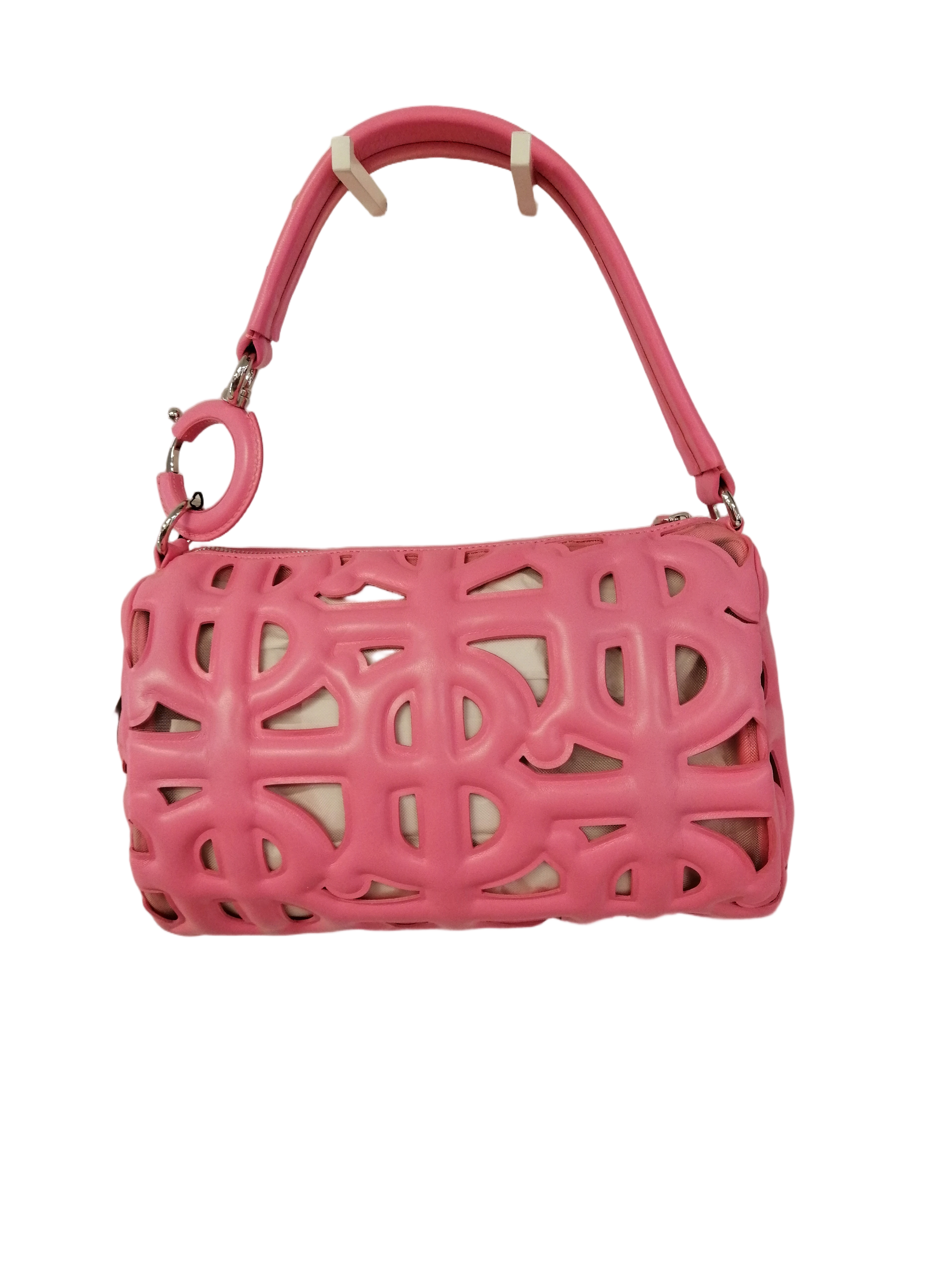 Pink Cylindrical Handbag with Cut-Out Overlay