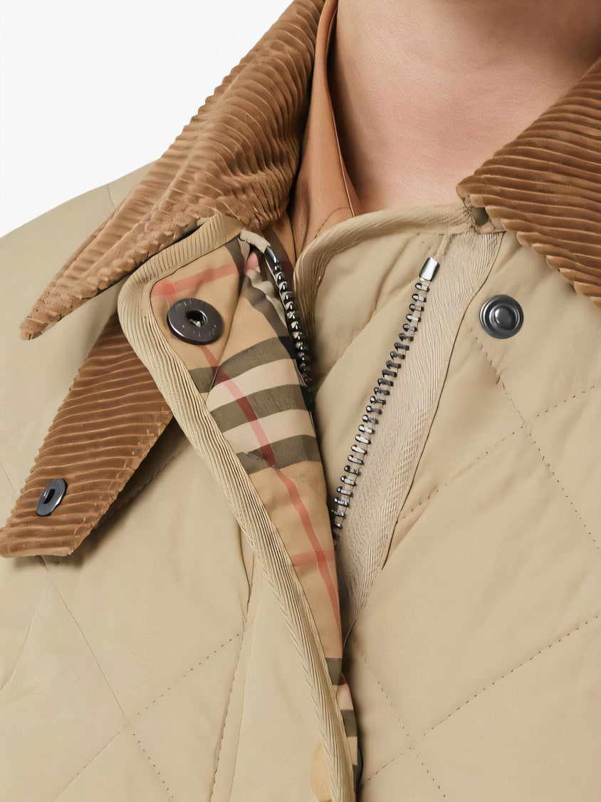 Diamond Quilted Padded Jacket with Corduroy Collar