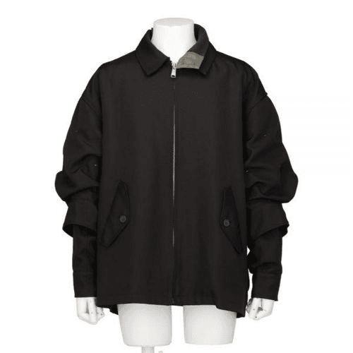 Minimalist Black Jacket with Zipper Closure and Gathered Sleeves