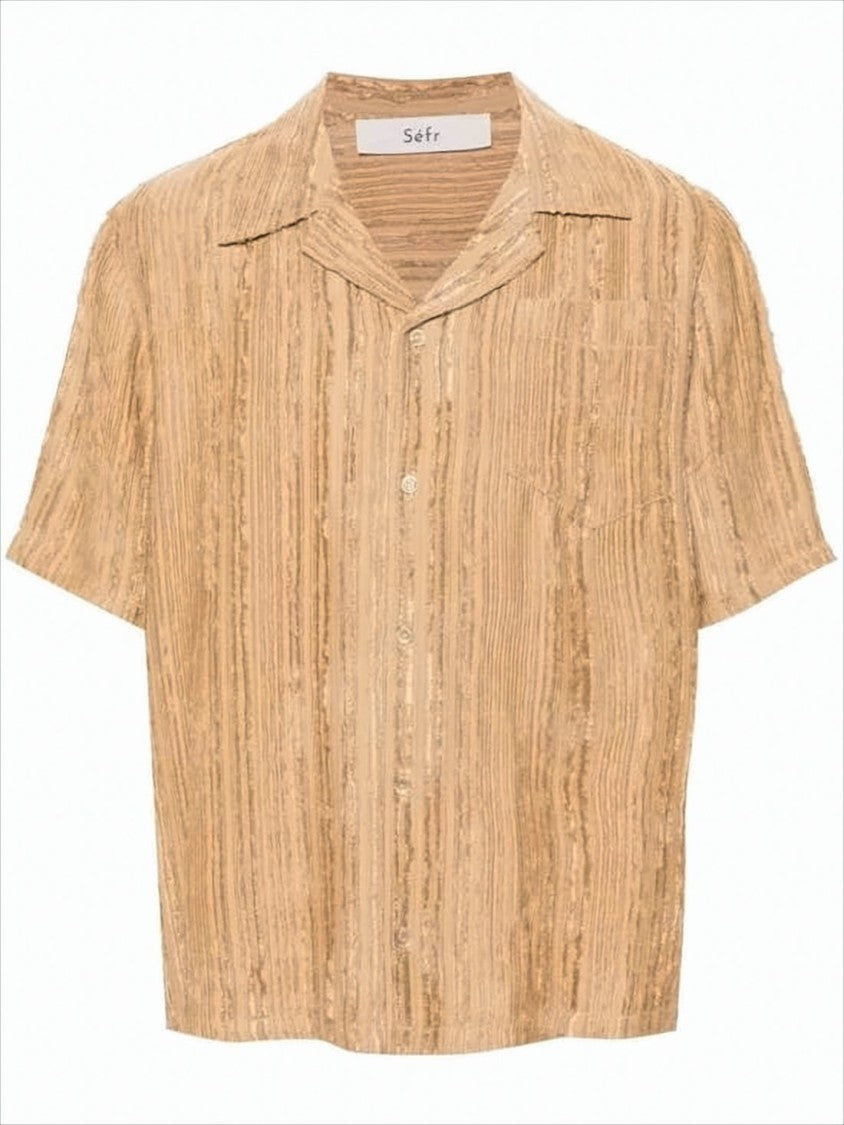 Camp Collar Short-Sleeved Shirt with Textured Vertical Stripes