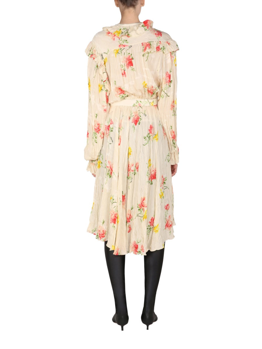 Floral Dress with Drawstring Collar and Flowing Silhouette