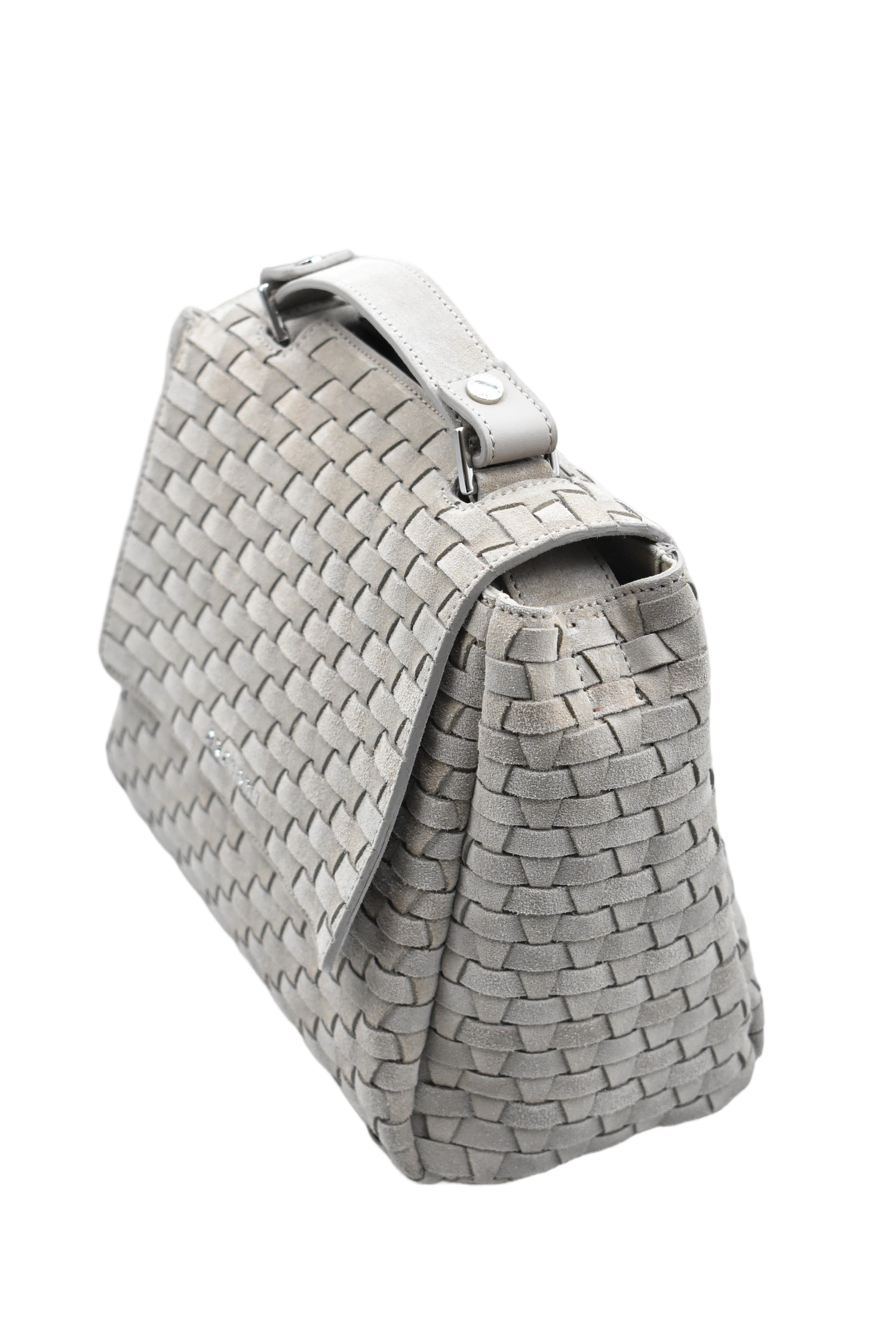 Structured Beige Handbag With Woven Texture And Metallic Accents
