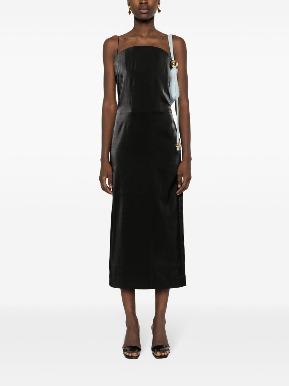 Calf-Length Black Satin Finish Spaghetti Strap Dress
