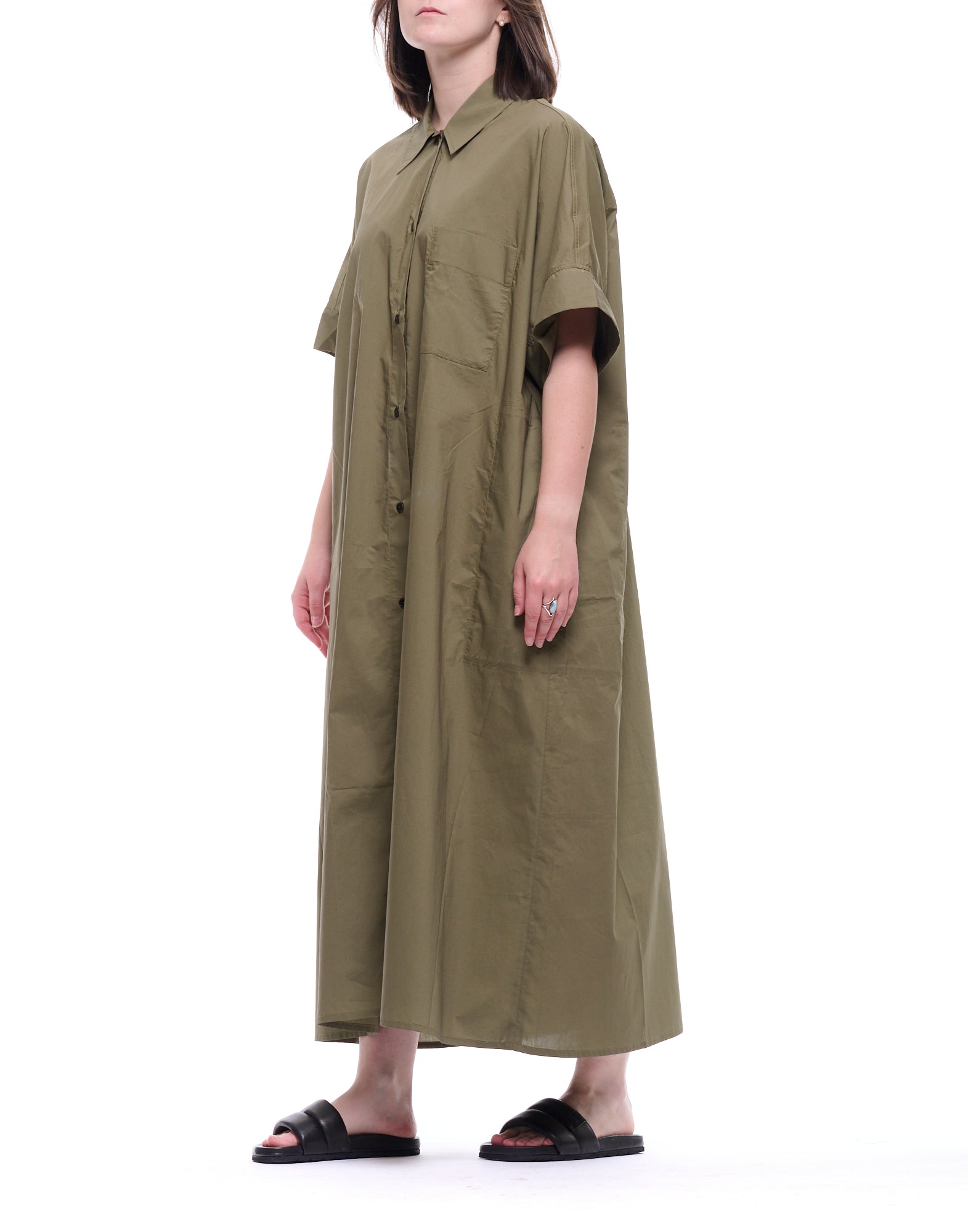 Loose Cotton Poplin Long Shirt Dress with Utility Design