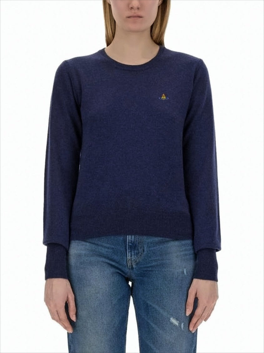 Blue Cashmere-Wool Blend Sweater with Ribbed Cuffs