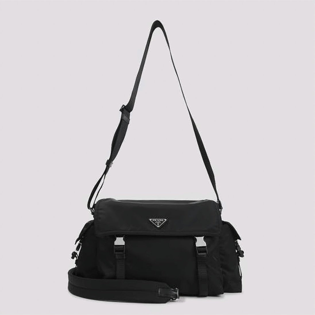 Crossbody Bag with Triangular Logo Plaque and Buckle Straps