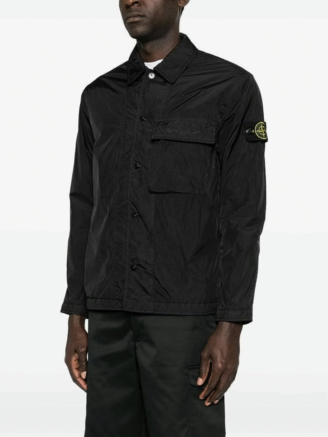 Black Minimalist Technical Jacket with Flap Pocket and Iconic Patch