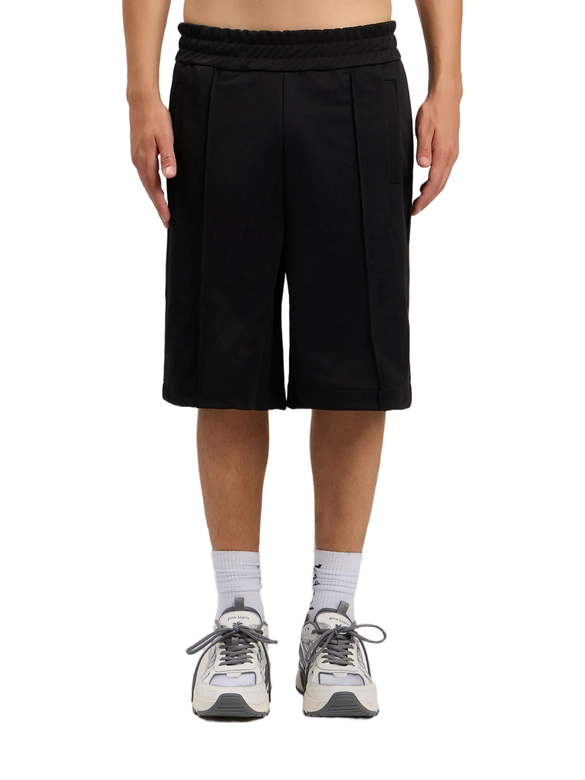 Mid-Length Black Track Shorts With Curved Logo Print