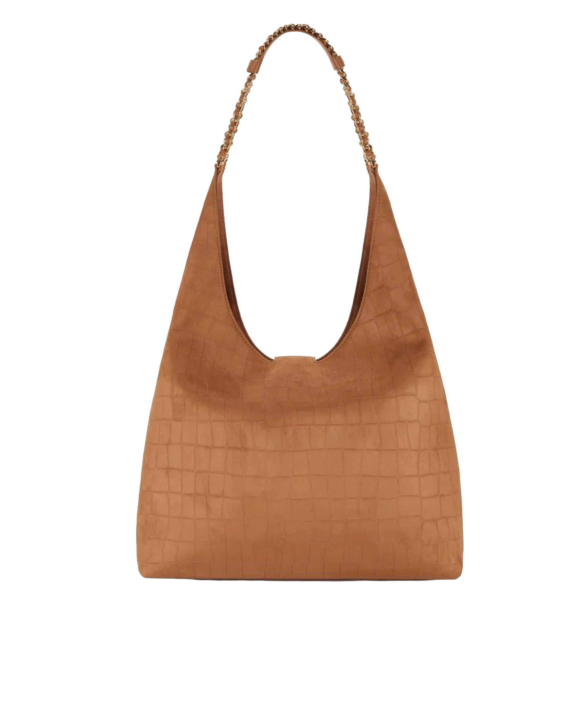 Brown Suede Hobo Bag With Crocodile Embossing And Chain Detail