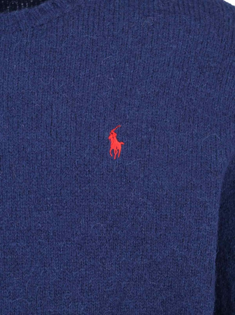 Navy Blue Alpaca Blend Sweater With Logo Embroidery