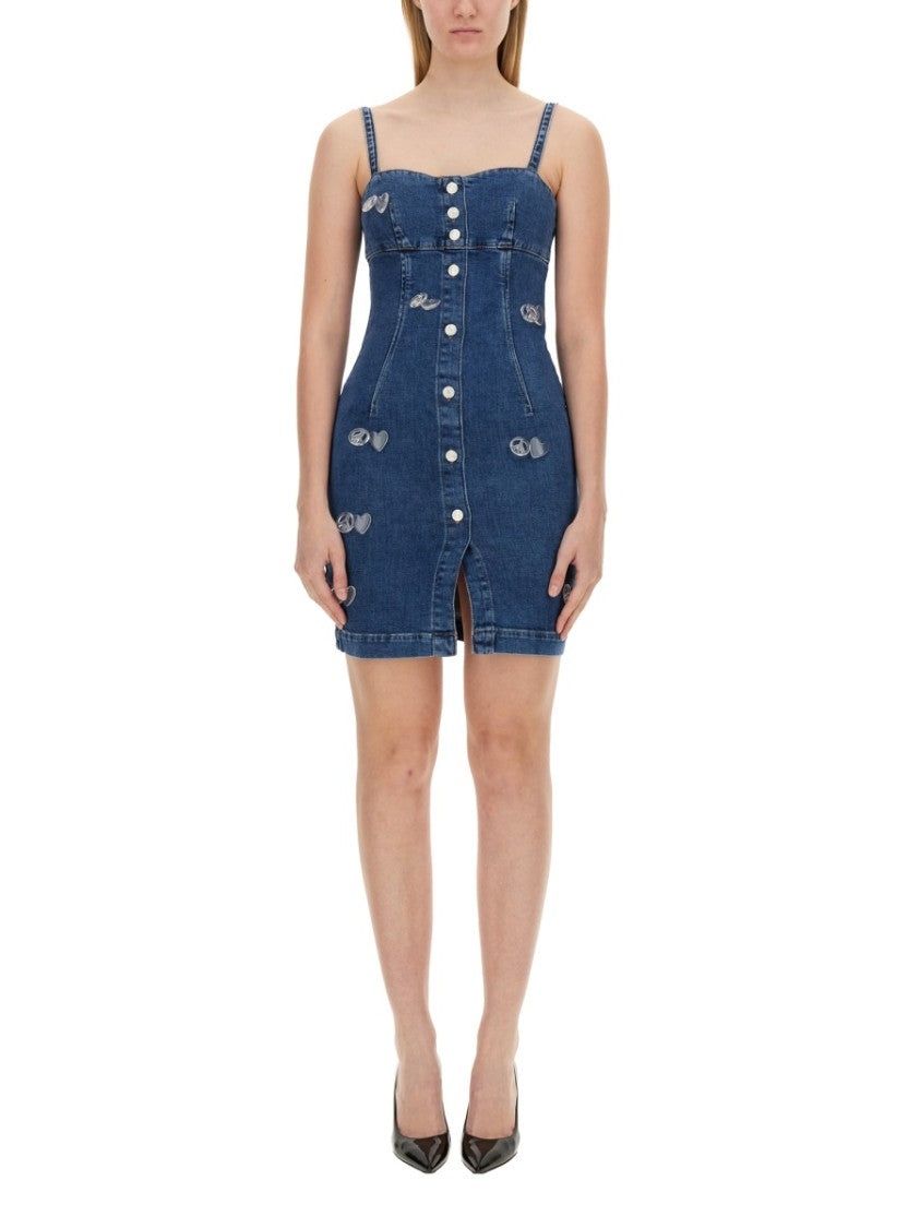 Fitted Denim Mini Dress With Sweetheart Neckline