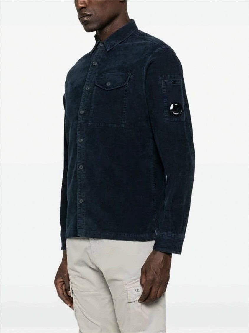 Navy Corduroy Jacket With Button-Up Front And Unique Lens Detail
