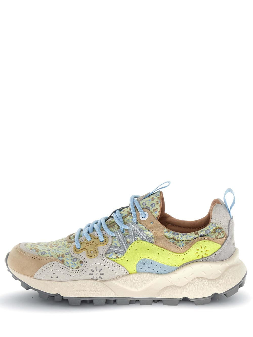 Floral-Patterned Sneakers with Suede Overlays and Chunky Sole