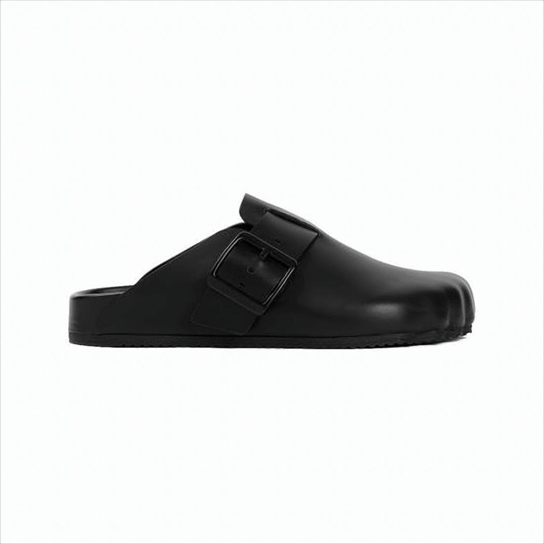 Black Calf Leather Mule with Statement Buckle